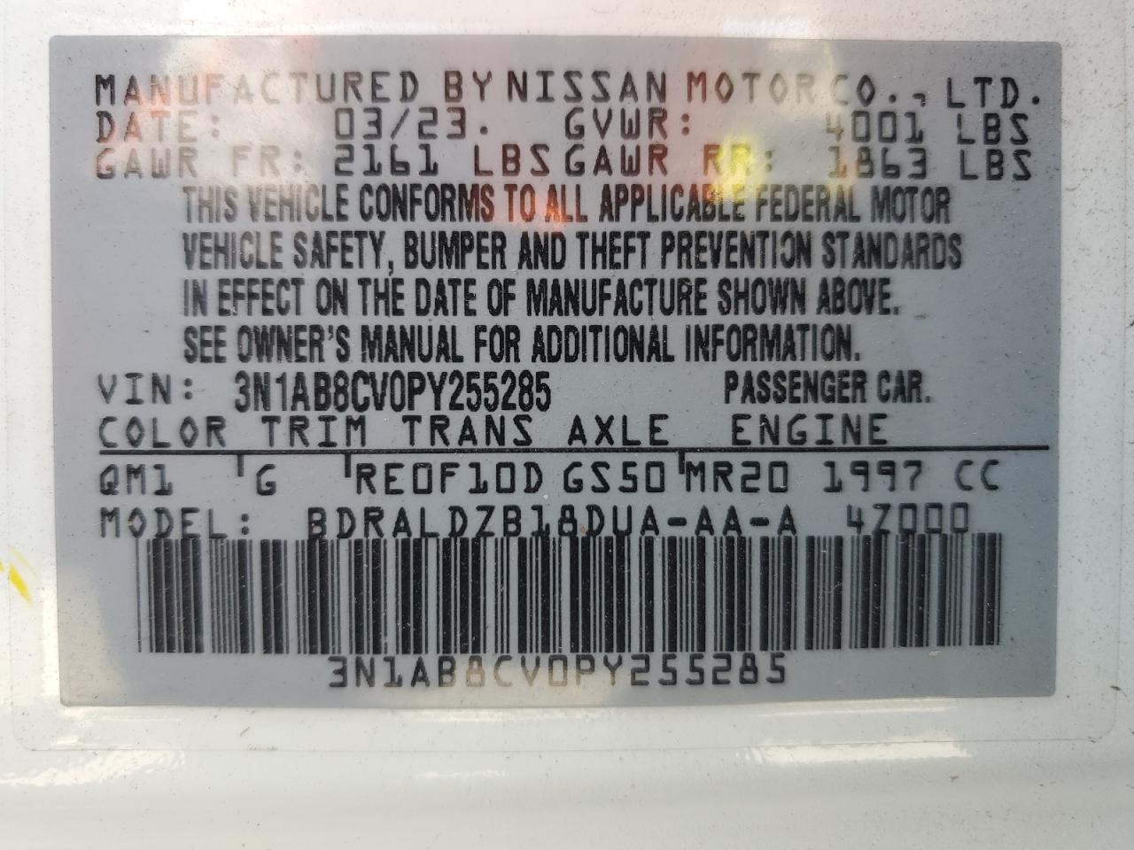 2023 NISSAN SENTRA SV VIN:3N1AB8CV0PY255285