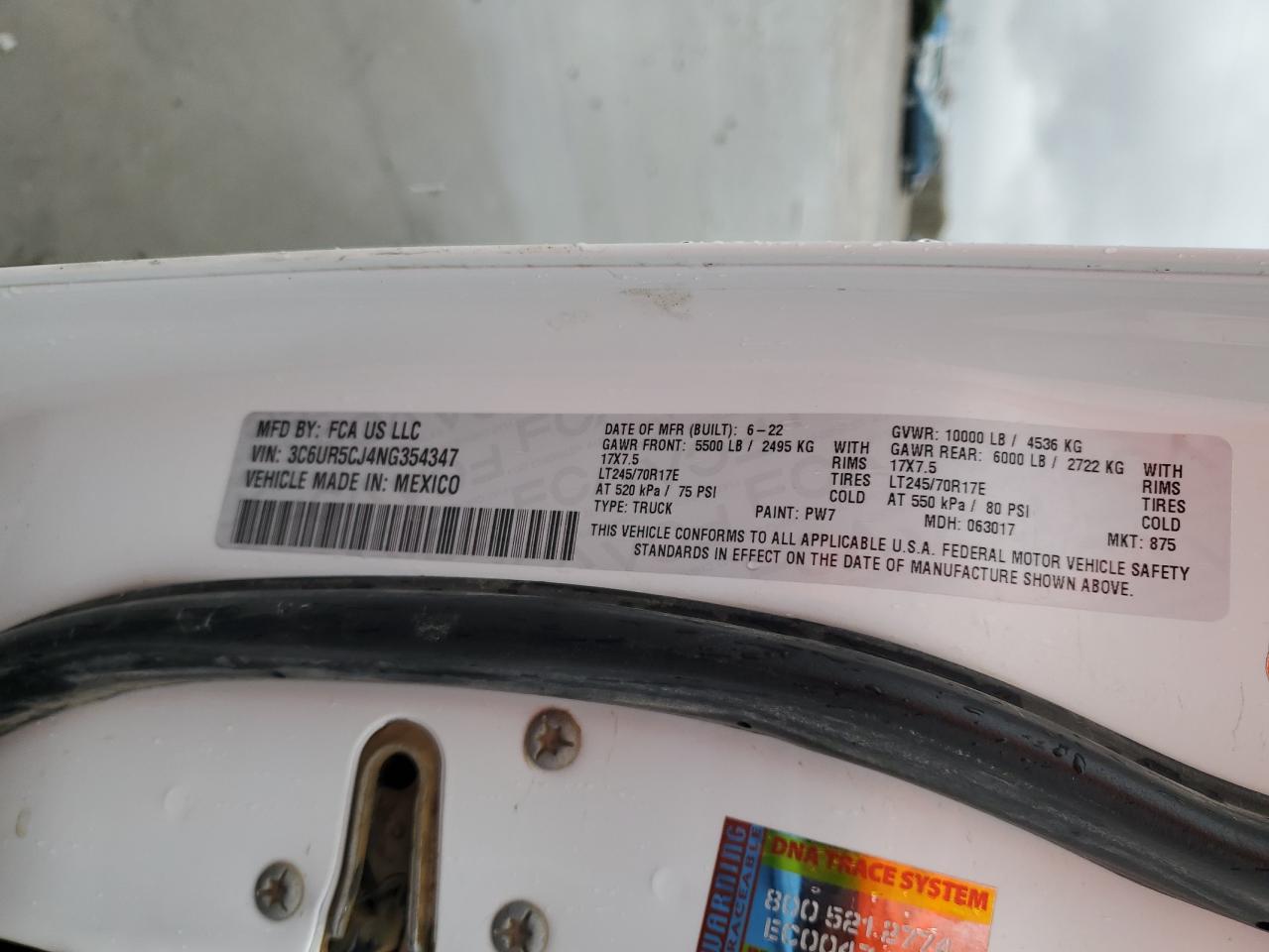 2022 RAM 2500 TRADESMAN VIN:3C6UR5CJ4NG354347