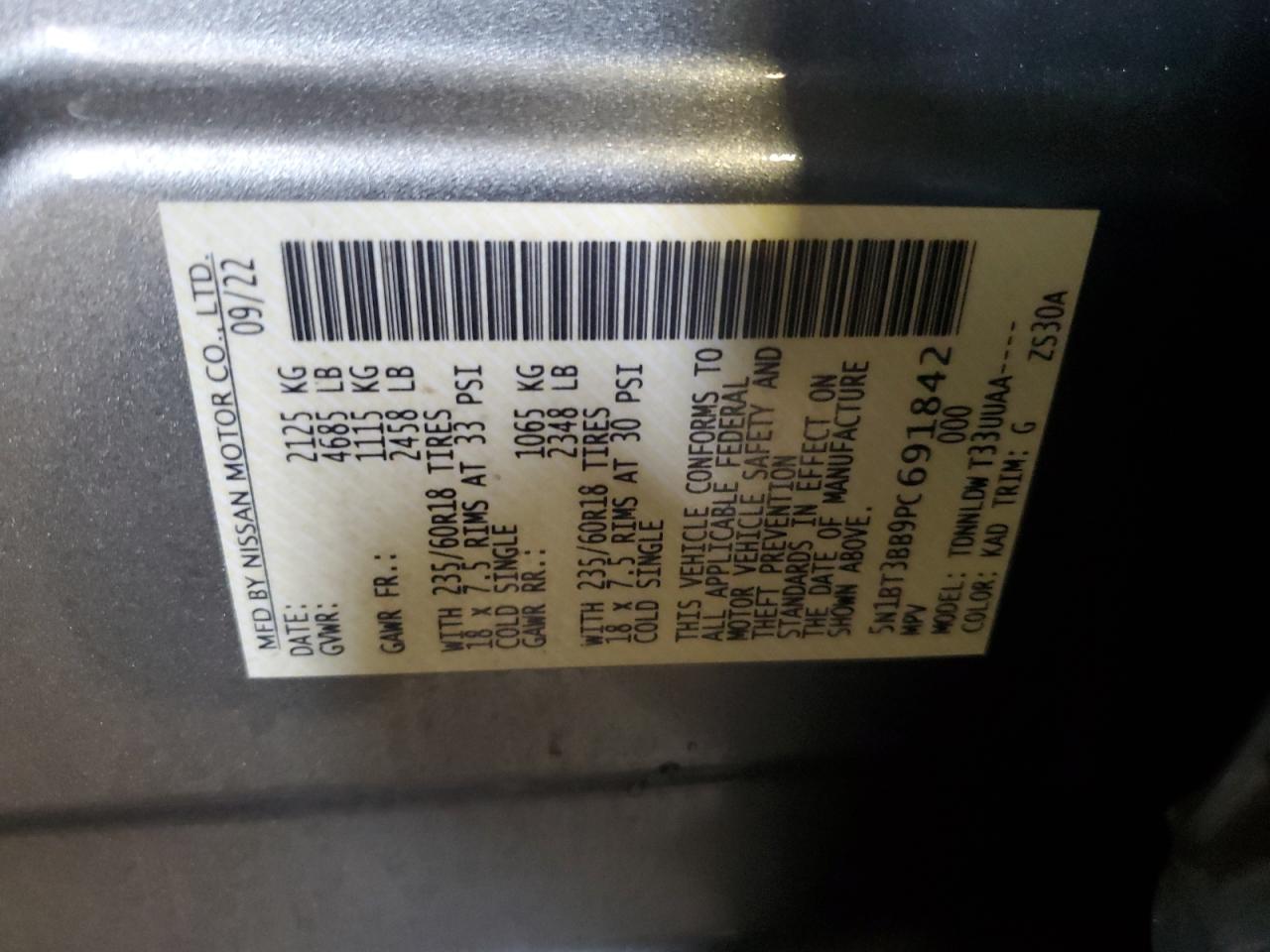 2023 NISSAN ROGUE SV VIN:5N1BT3BB9PC691842