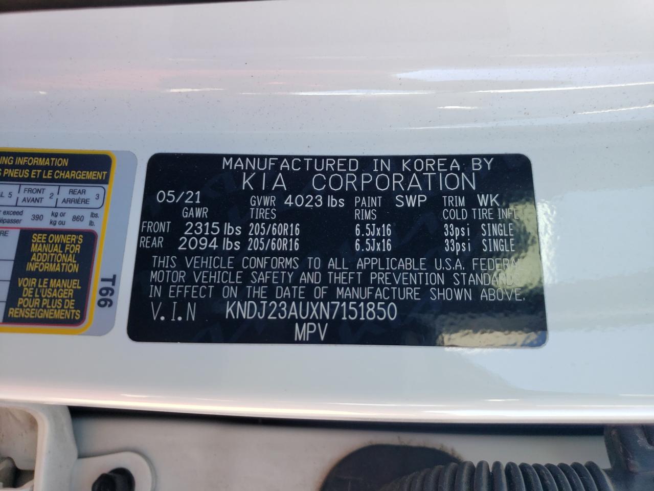 2022 KIA SOUL LX VIN:KNDJ23AUXN7151850