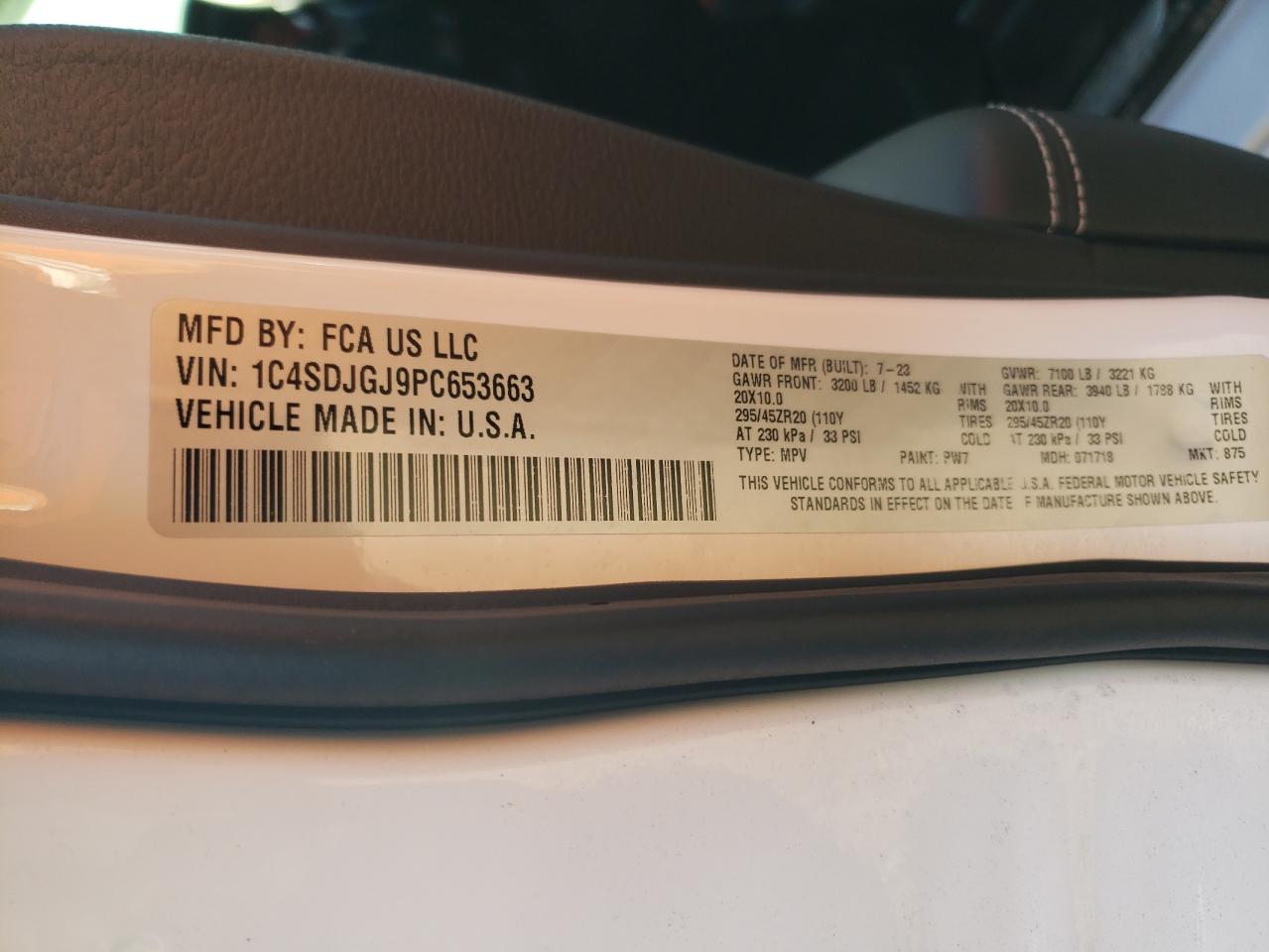 2023 DODGE DURANGO SRT 392 VIN:1C4SDJGJ9PC653663