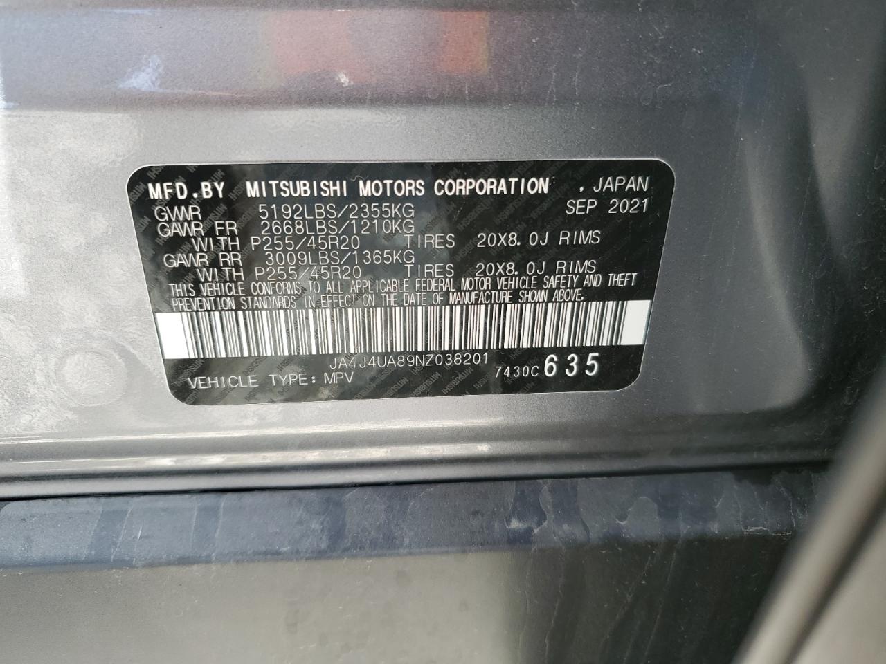 2022 MITSUBISHI OUTLANDER SE VIN:JA4J4UA89NZ038201