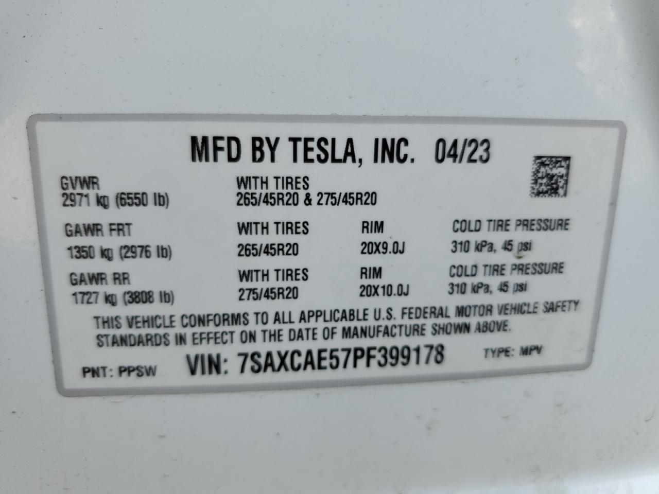 2023 TESLA MODEL X  VIN:7SAXCAE57PF399178