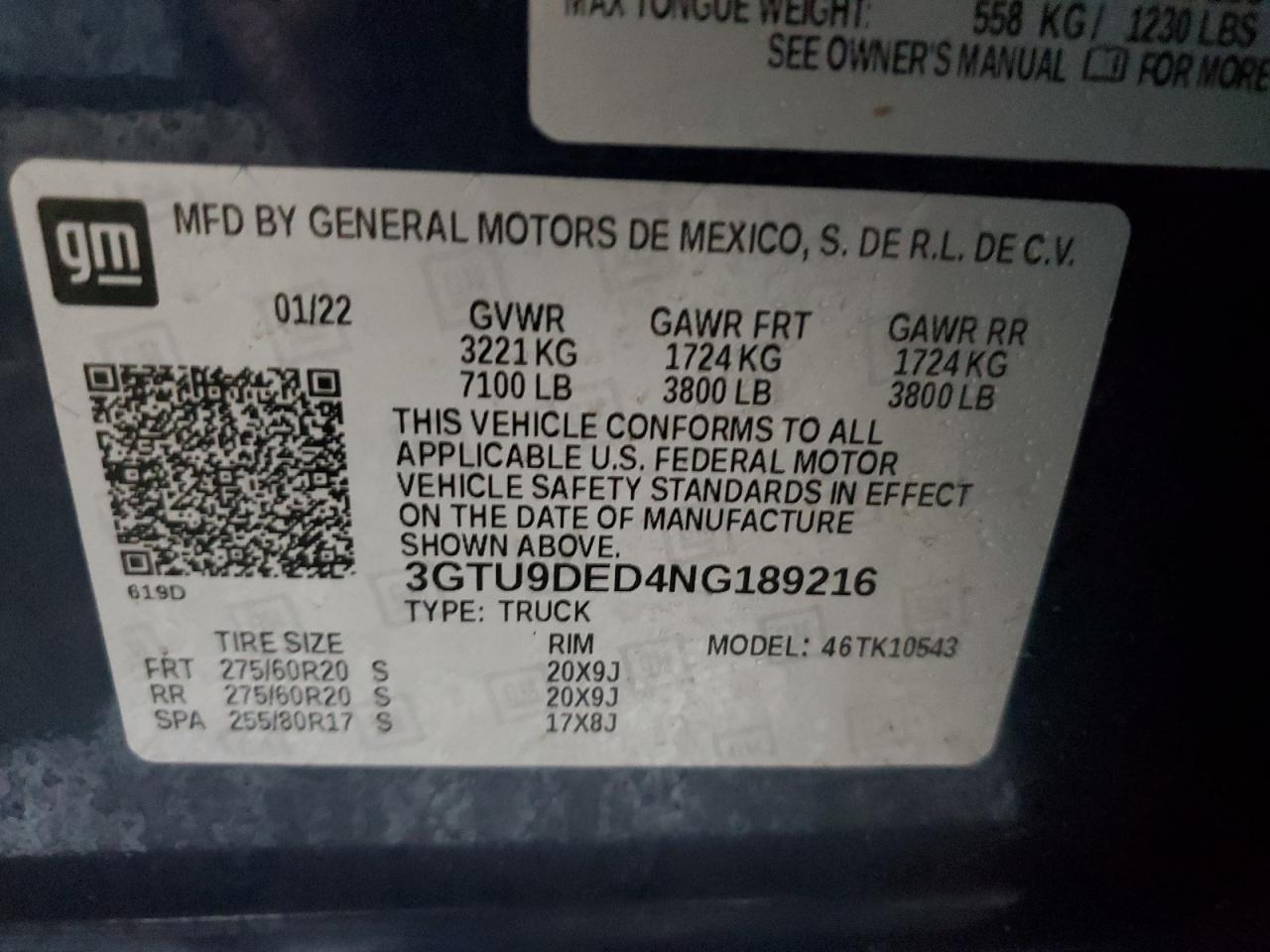 2022 GMC SIERRA LIMITED K1500 SLT VIN:3GTU9DED4NG189216