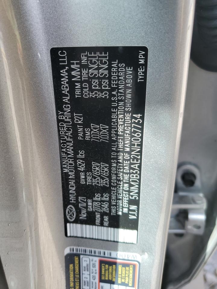 2022 HYUNDAI TUCSON SEL VIN:5NMJB3AE2NH067734