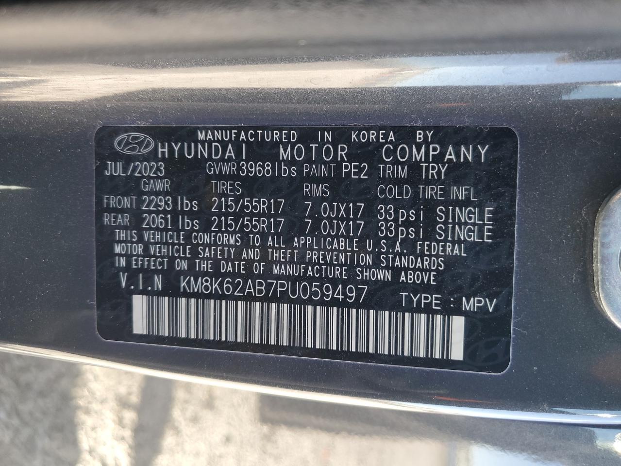 2023 HYUNDAI KONA SEL VIN:KM8K62AB7PU059497