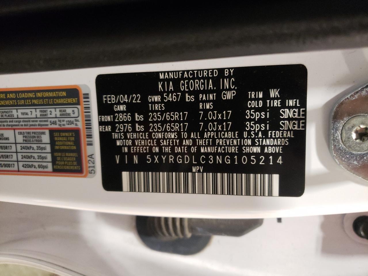 2022 KIA SORENTO LX VIN:5XYRGDLC3NG105214