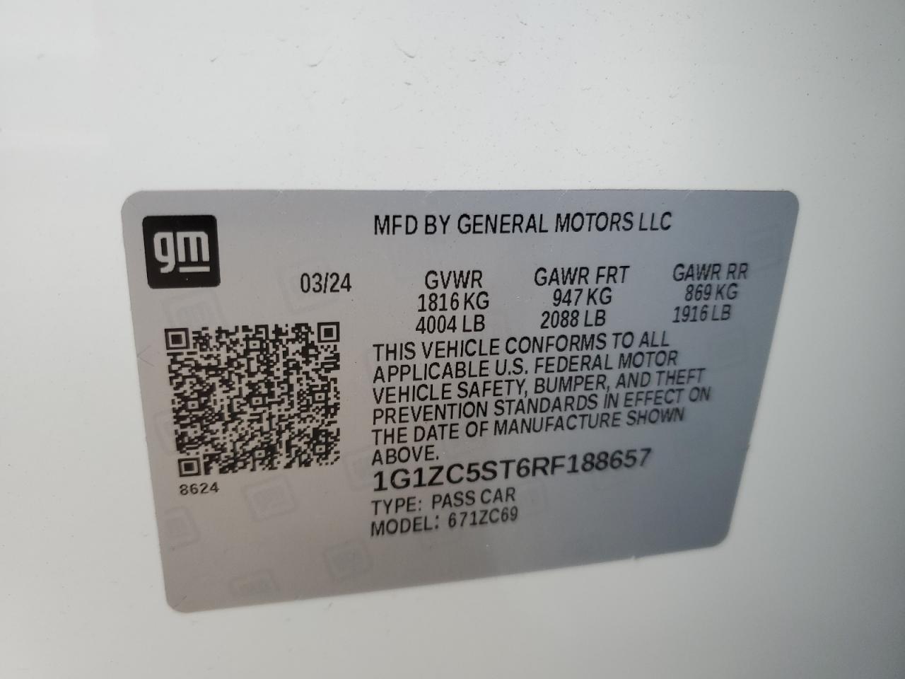 2024 CHEVROLET MALIBU LS VIN:1G1ZC5ST6RF188657