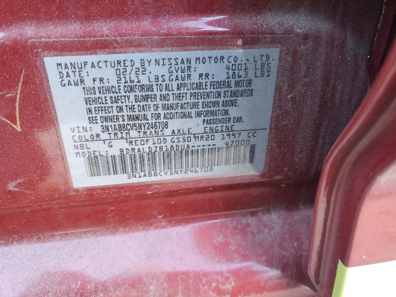 2022 NISSAN SENTRA SV VIN:3N1AB8CV5NY246708