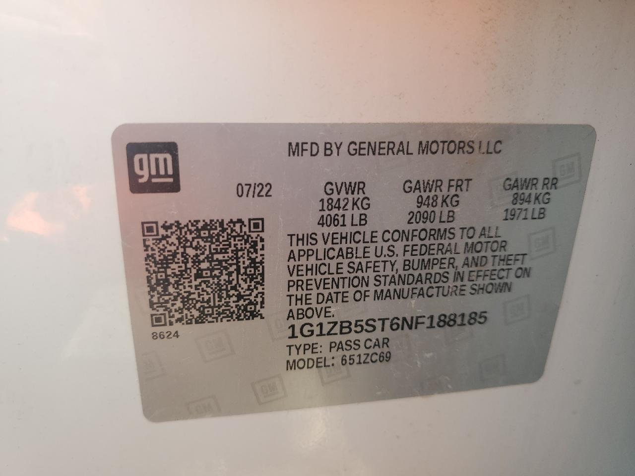 2022 CHEVROLET MALIBU LS VIN:1G1ZB5ST6NF188185