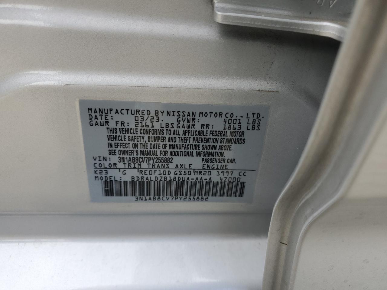 2023 NISSAN SENTRA SV VIN:3N1AB8CV7PY255882