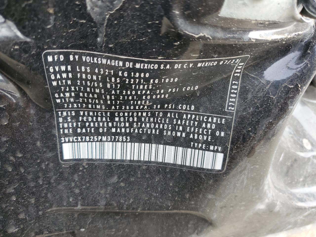2023 VOLKSWAGEN TAOS S VIN:3VVCX7B25PM377853