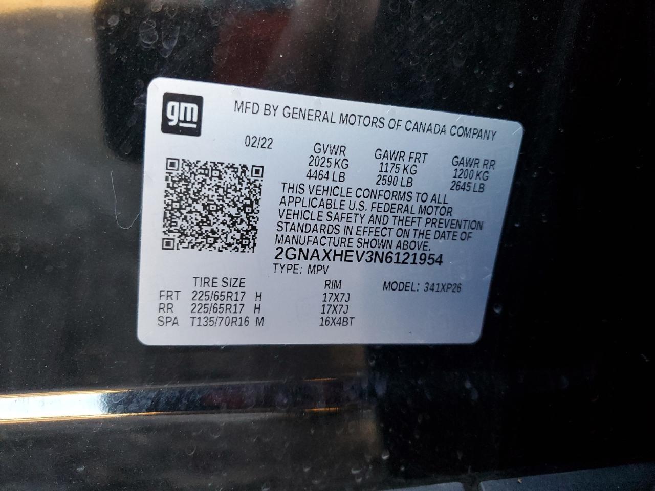 2022 CHEVROLET EQUINOX LS VIN:2GNAXHEV3N6121954