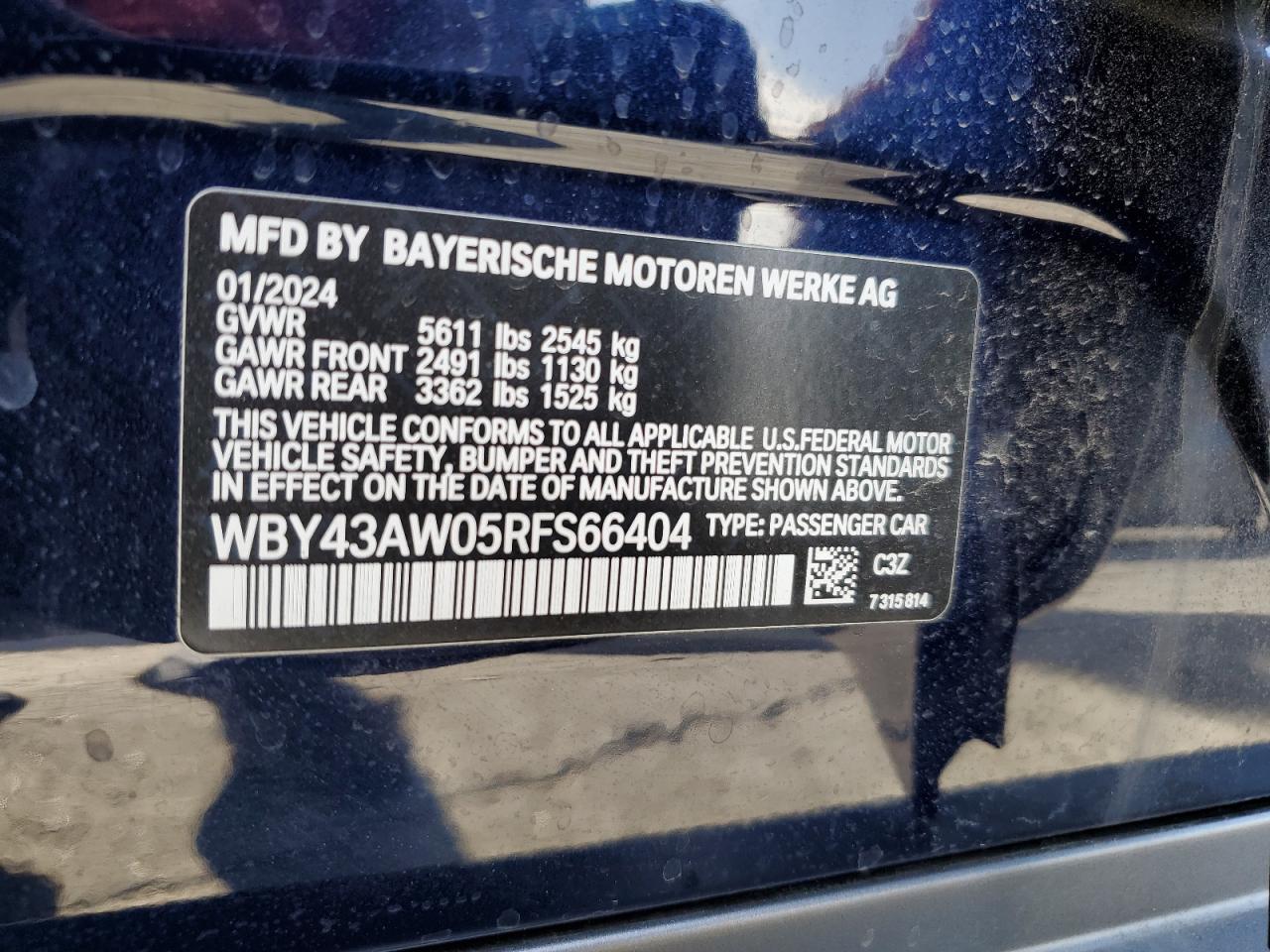 2024 BMW I4 EDRIVE 35 VIN:WBY43AW05RFS66404