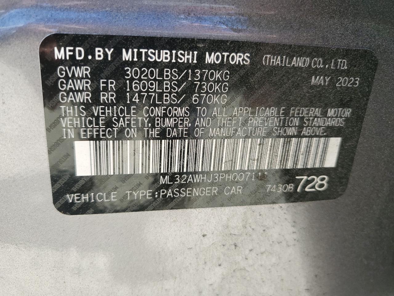 2023 MITSUBISHI MIRAGE SE VIN:ML32AWHJ3PH007111