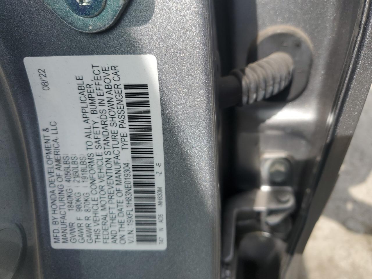 2022 HONDA CIVIC SPORT TOURING VIN:19XFL1H83NE019304