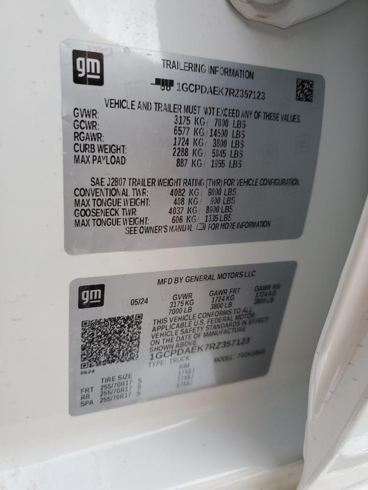 2024 CHEVROLET SILVERADO K1500 VIN:1GCPDAEK7RZ357123