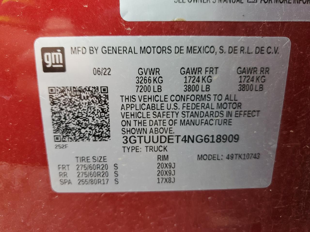 2022 GMC SIERRA K1500 SLT VIN:3GTUUDET4NG618909