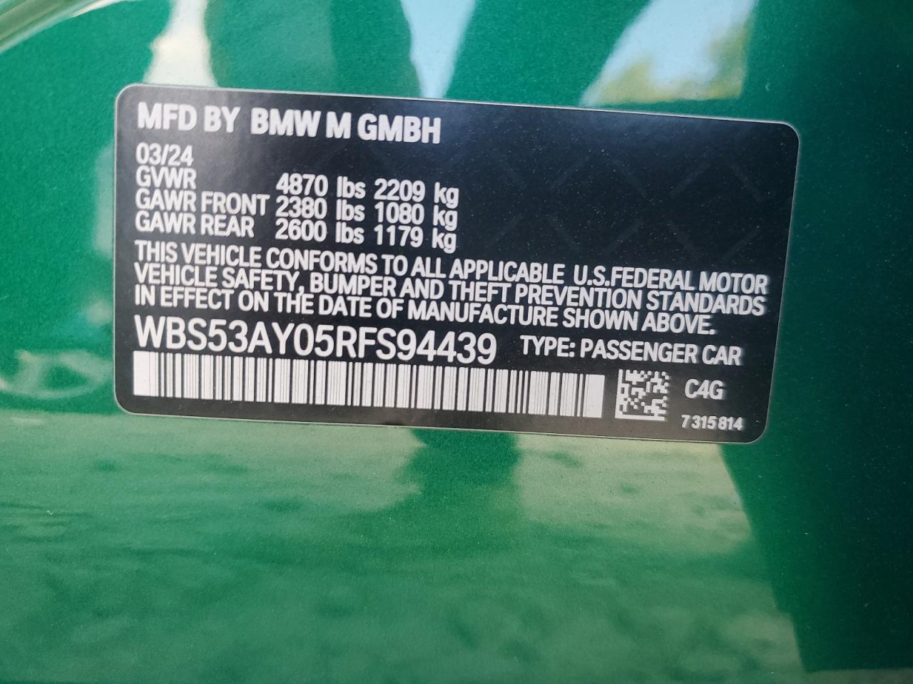 2024 BMW M3  VIN:WBS53AY05RFS94439