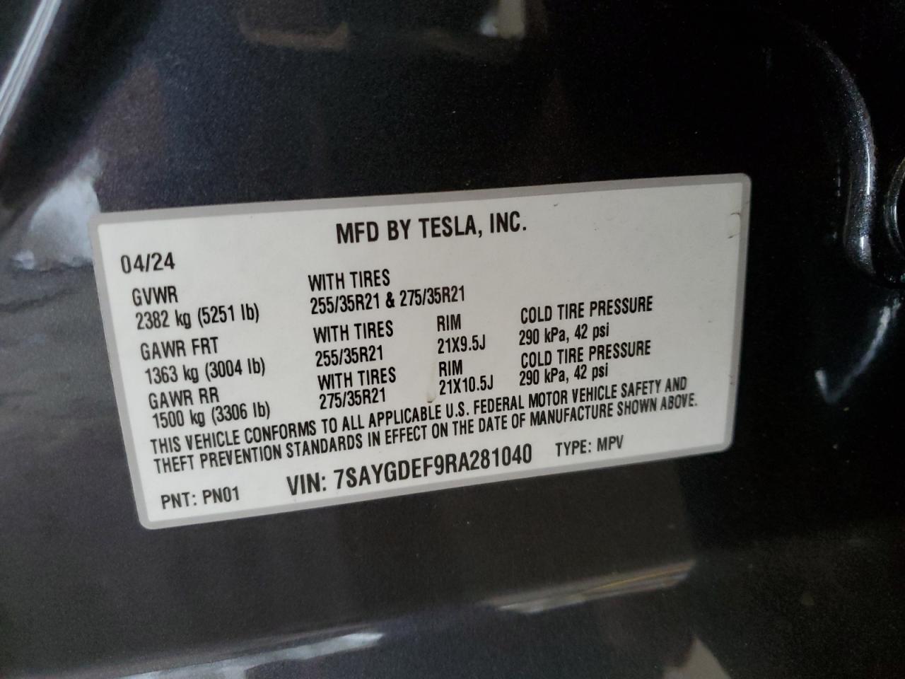 2024 TESLA MODEL Y  VIN:7SAYGDEF9RA281040