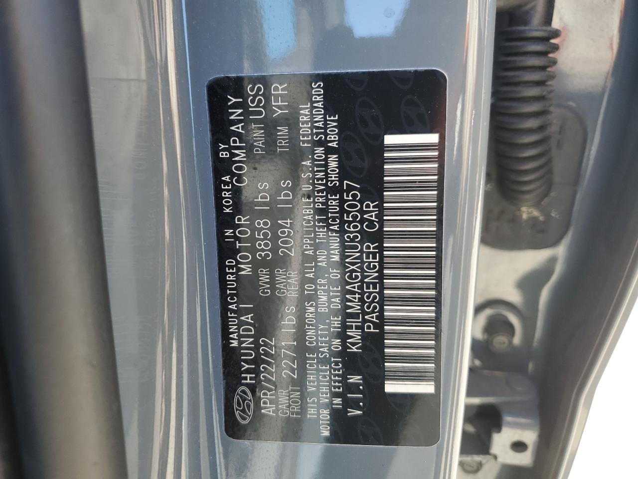 2022 HYUNDAI ELANTRA SEL VIN:KMHLM4AGXNU365057