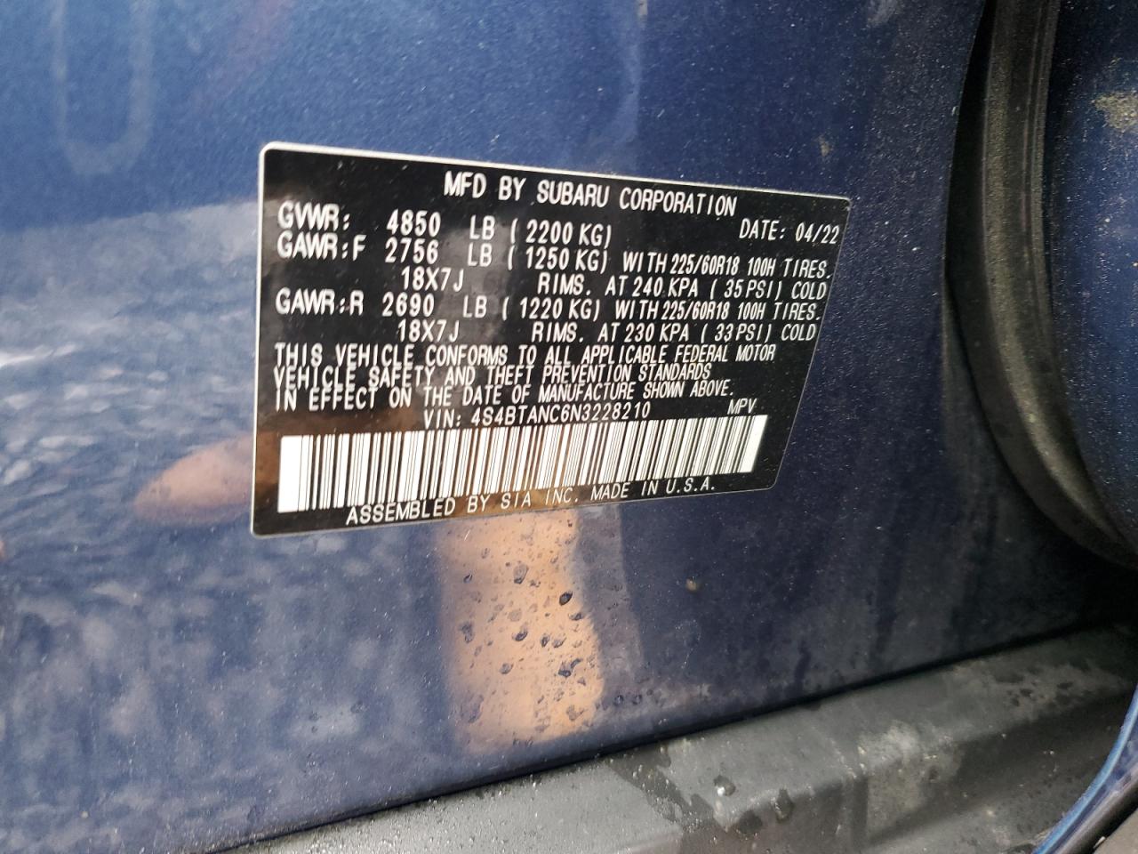 2022 SUBARU OUTBACK LIMITED VIN:4S4BTANC6N3228210