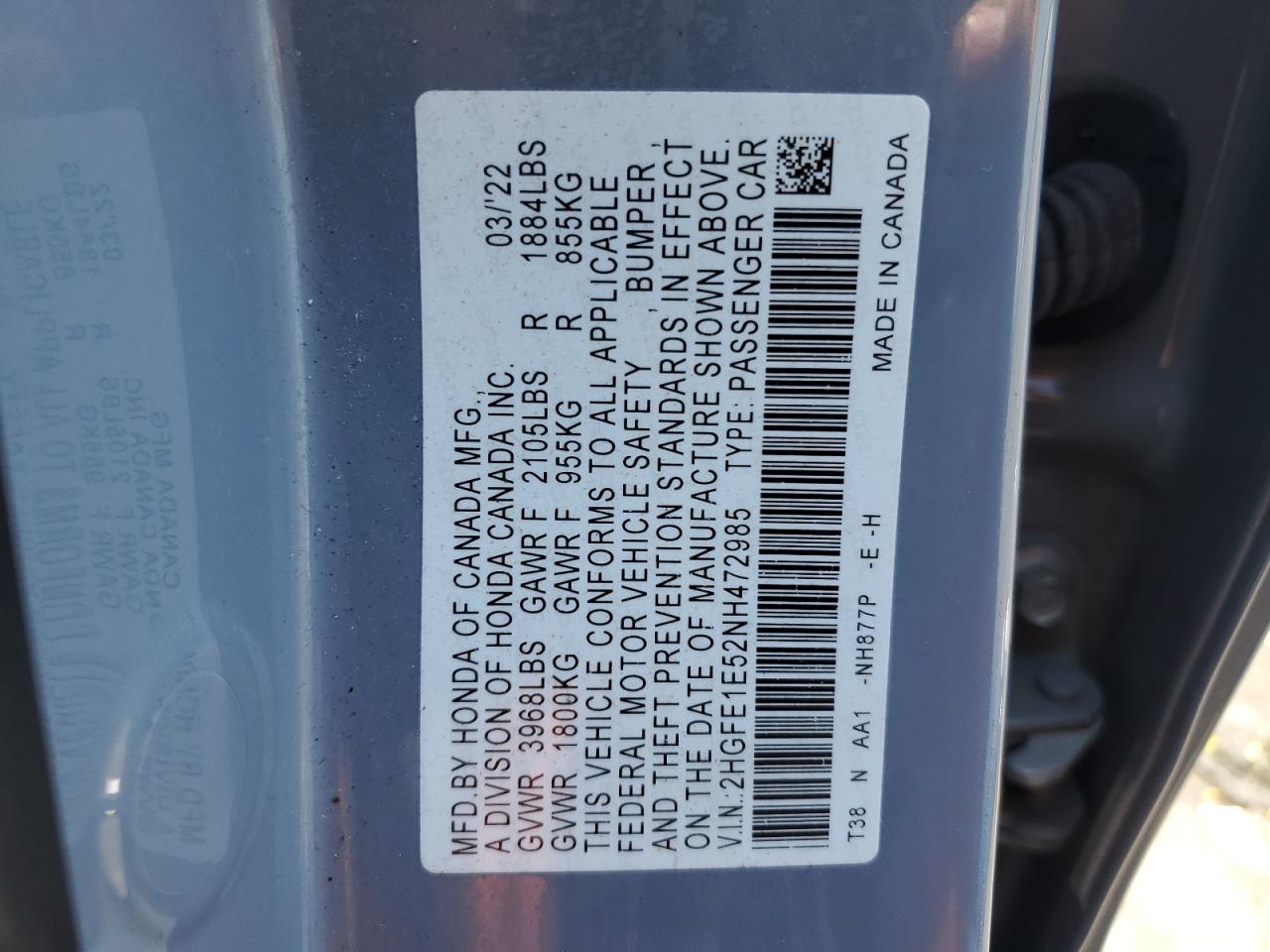 2022 HONDA CIVIC SI VIN:2HGFE1E52NH472985