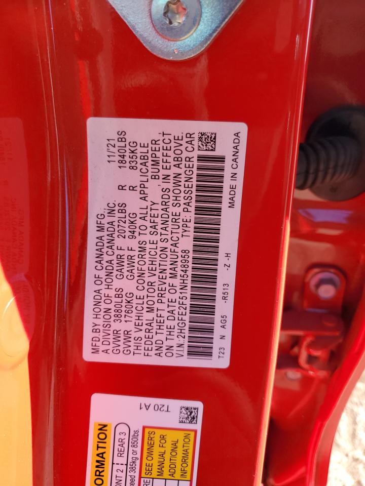 2022 HONDA CIVIC SPORT VIN:2HGFE2F51NH548958