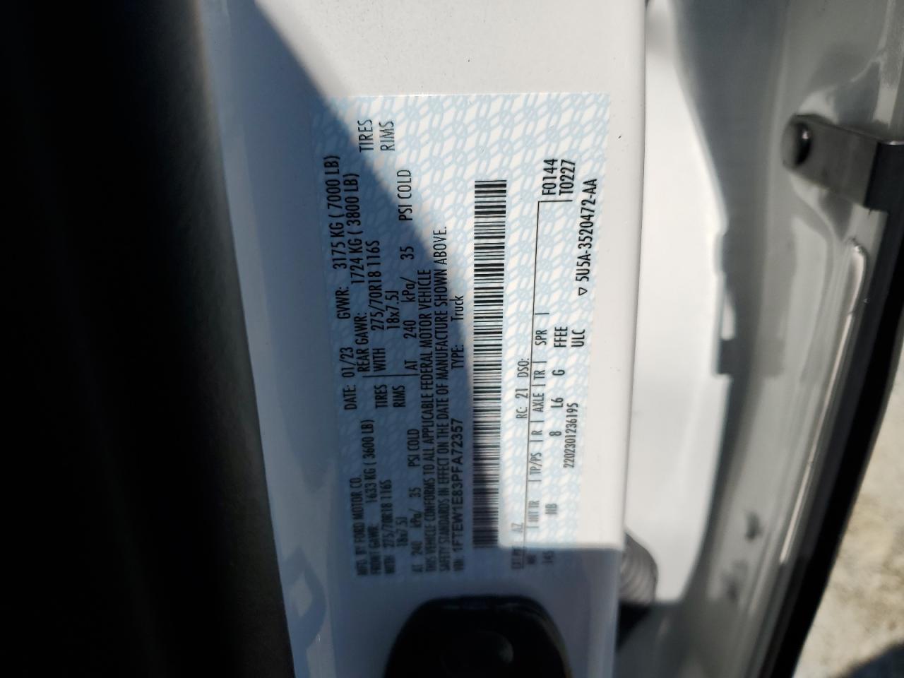 2023 FORD F150 SUPERCREW VIN:1FTEW1E83PFA72357