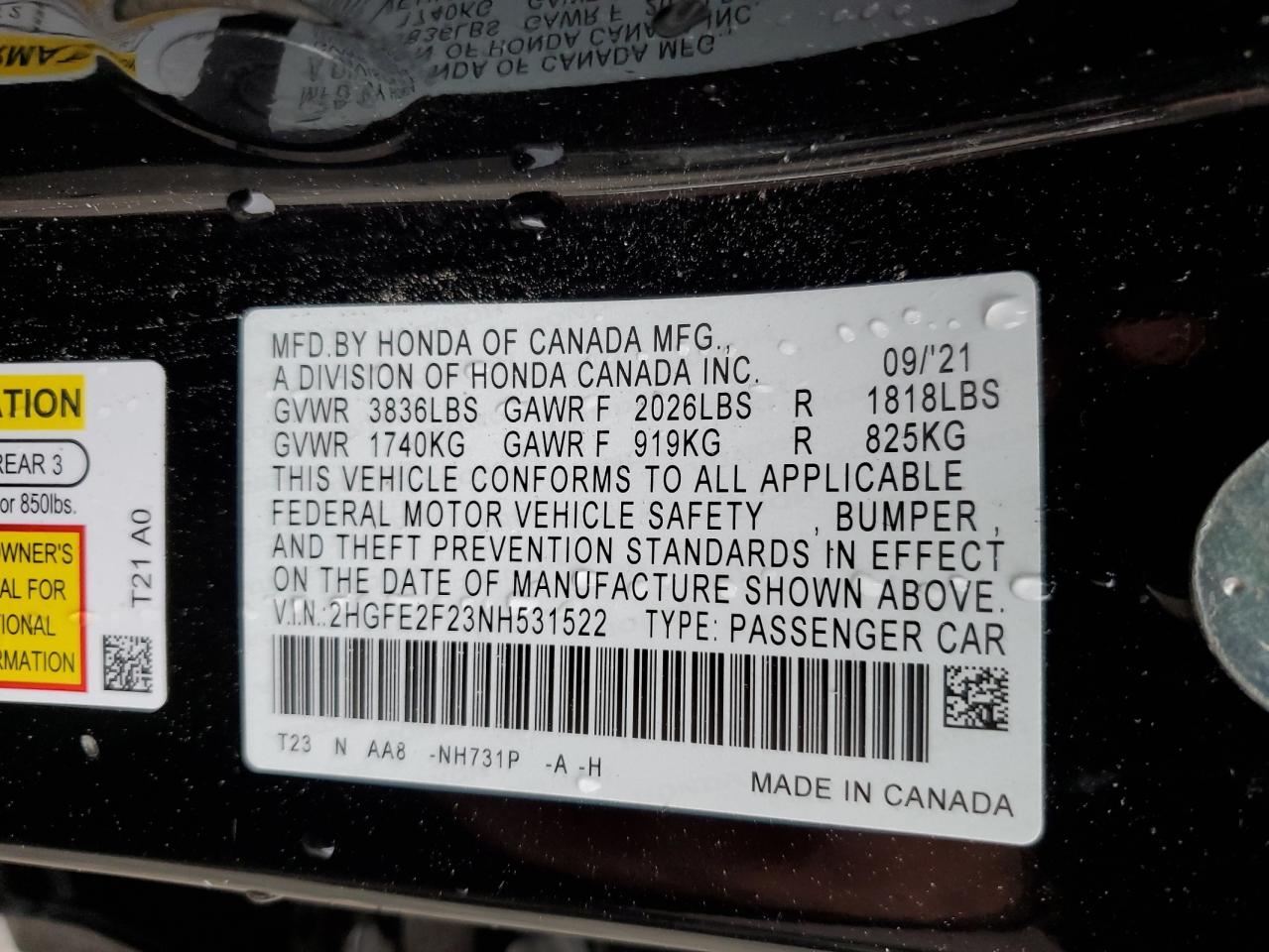 2022 HONDA CIVIC LX VIN:2HGFE2F23NH531522