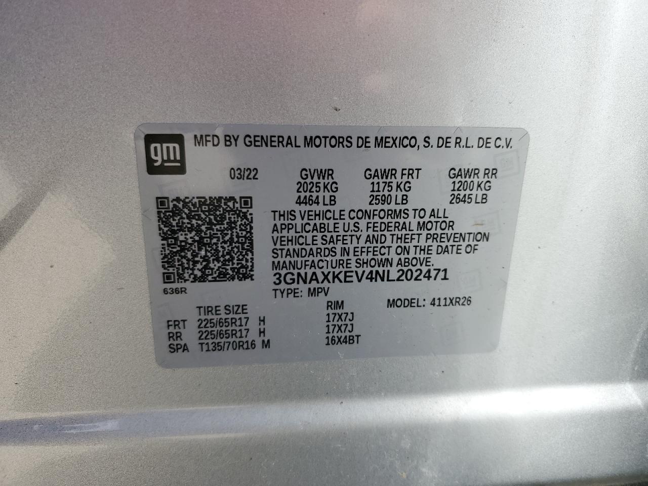 2022 CHEVROLET EQUINOX LT VIN:3GNAXKEV4NL202471