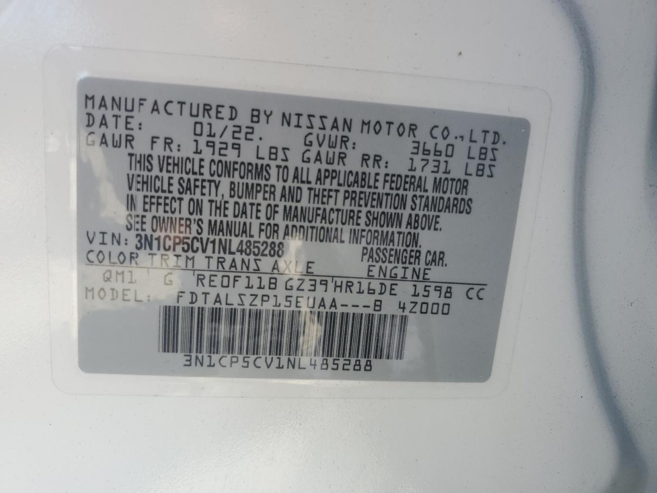 2022 NISSAN KICKS SV VIN:3N1CP5CV1NL485288