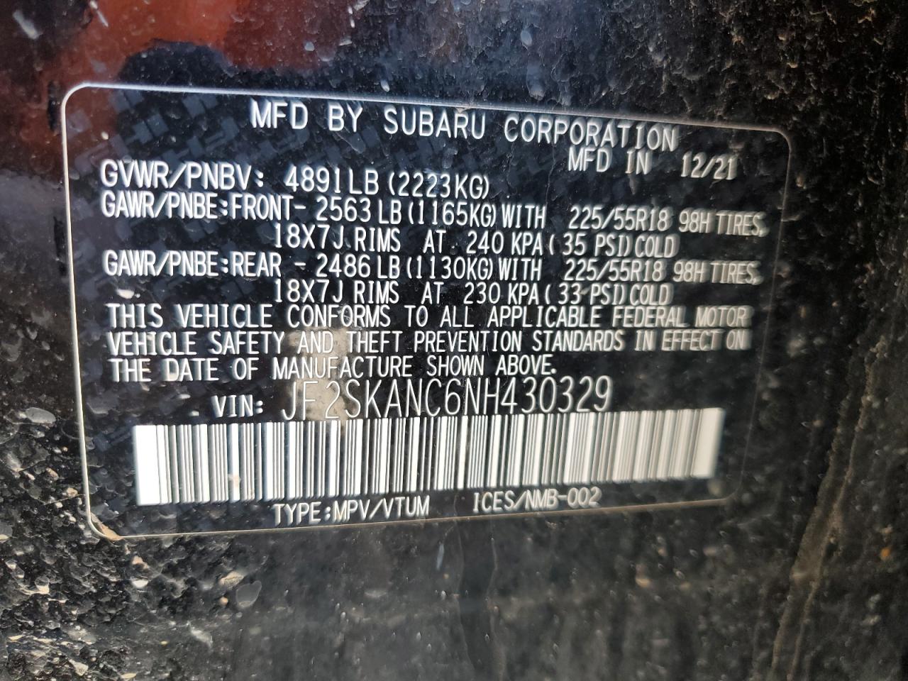 2022 SUBARU FORESTER LIMITED VIN:JF2SKANC6NH430329