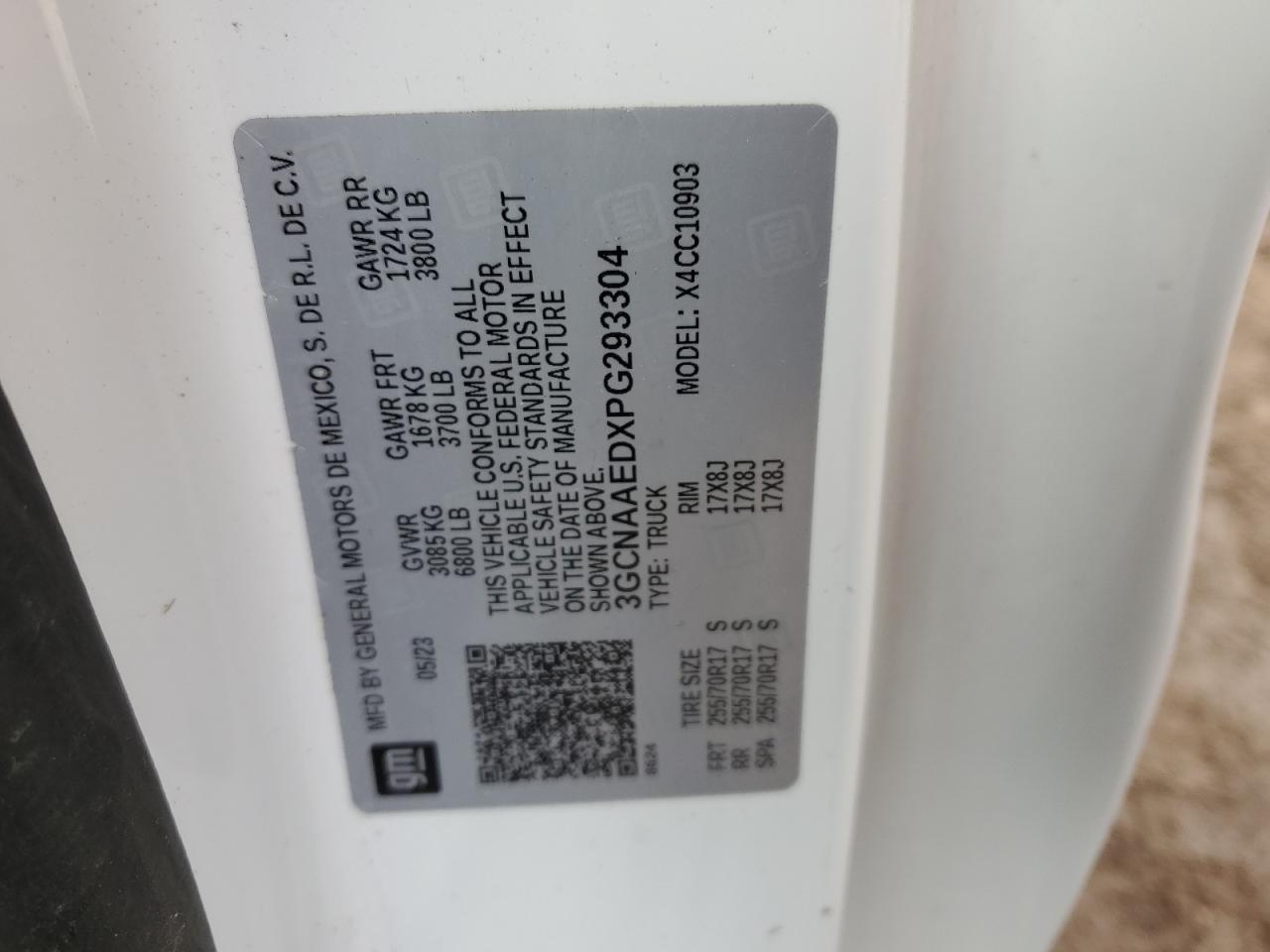 2023 CHEVROLET SILVERADO C1500 VIN:3GCNAAEDXPG293304