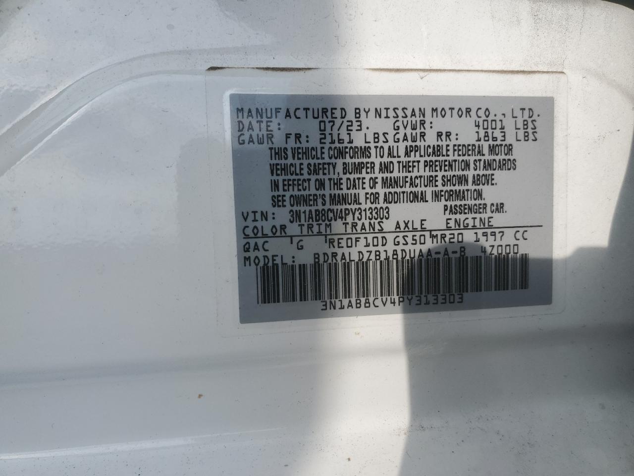 2023 NISSAN SENTRA SV VIN:3N1AB8CV4PY313303