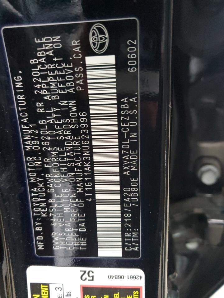 2022 TOYOTA CAMRY SE VIN:4T1G11AK3NU623996