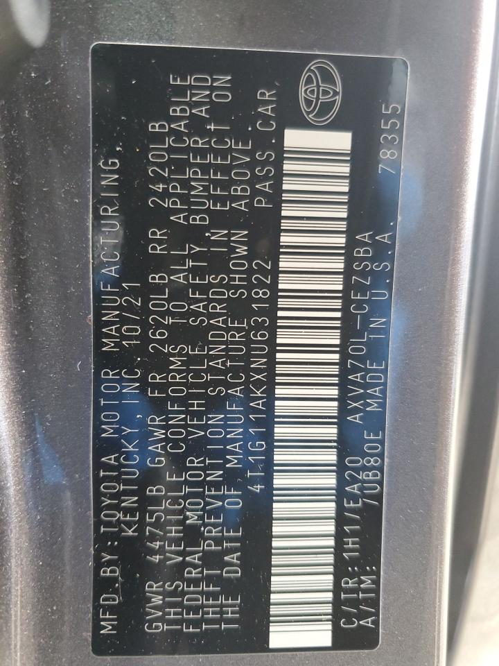 2022 TOYOTA CAMRY SE VIN:4T1G11AKXNU631822