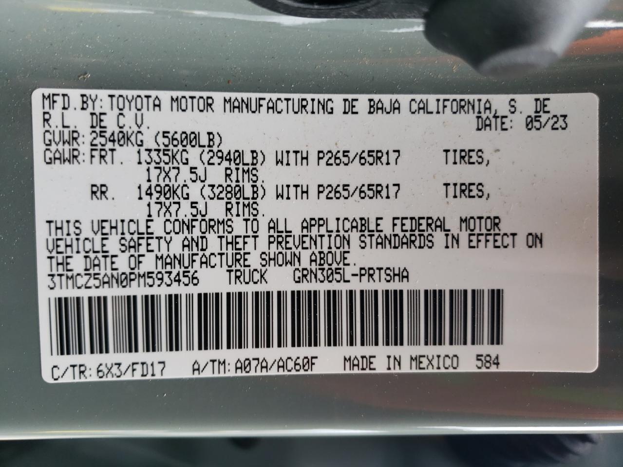 2023 TOYOTA TACOMA DOUBLE CAB VIN:3TMCZ5AN0PM593456