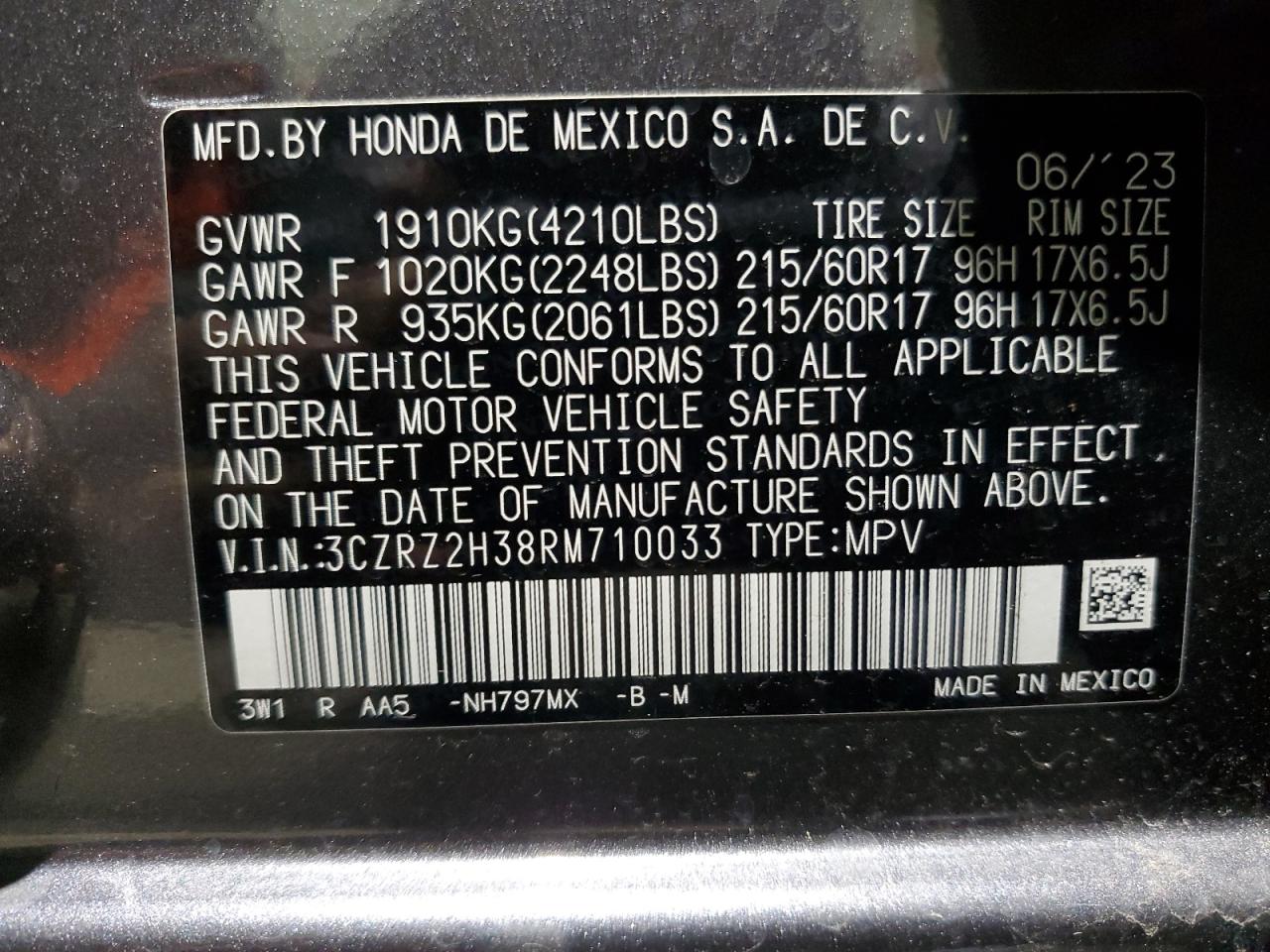 2024 HONDA HR-V LX VIN:3CZRZ2H38RM710033