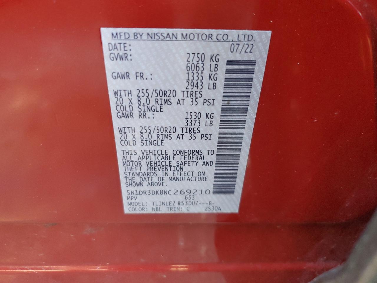 2022 NISSAN PATHFINDER PLATINUM VIN:5N1DR3DK8NC269210
