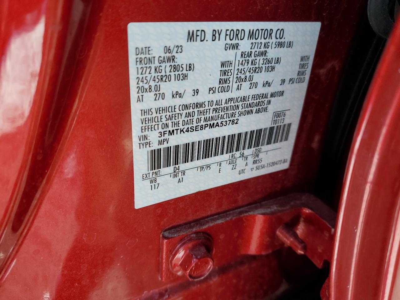 2023 FORD MUSTANG MACH-E GT VIN:3FMTK4SE8PMA53782