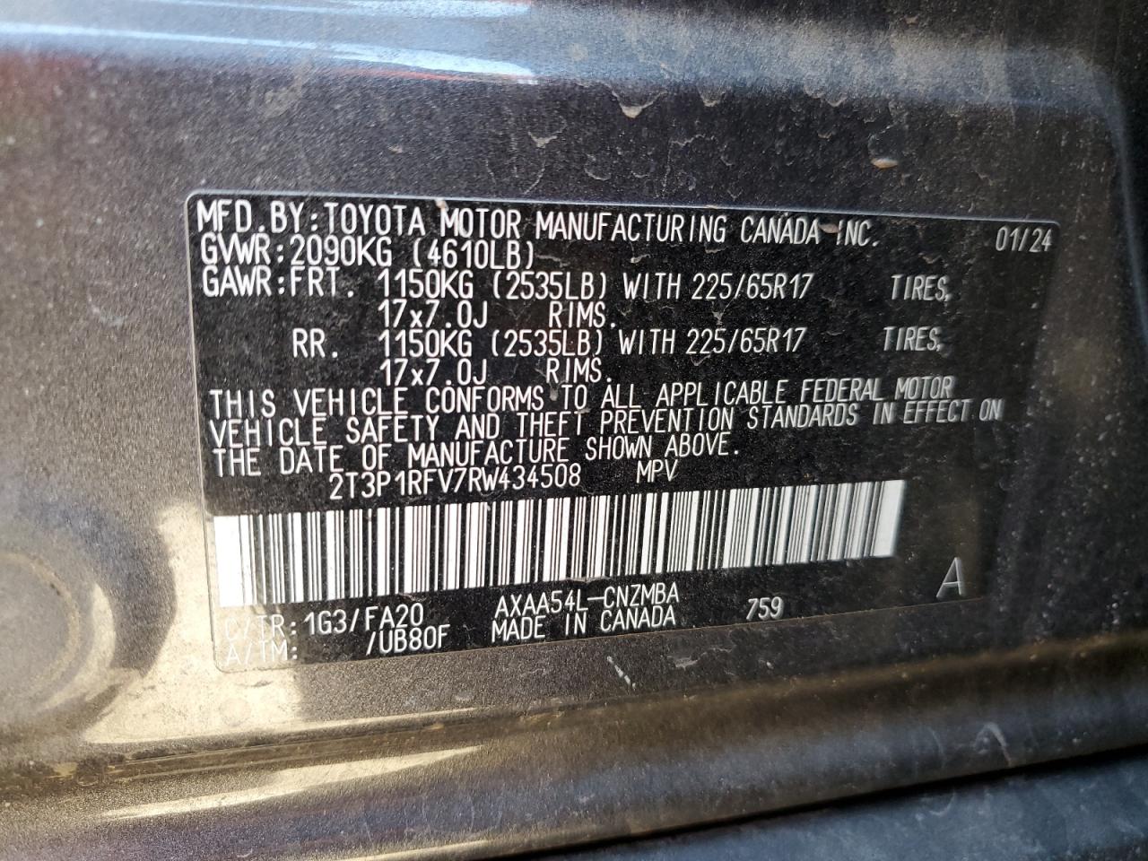 2024 TOYOTA RAV4 XLE VIN:2T3P1RFV7RW434508