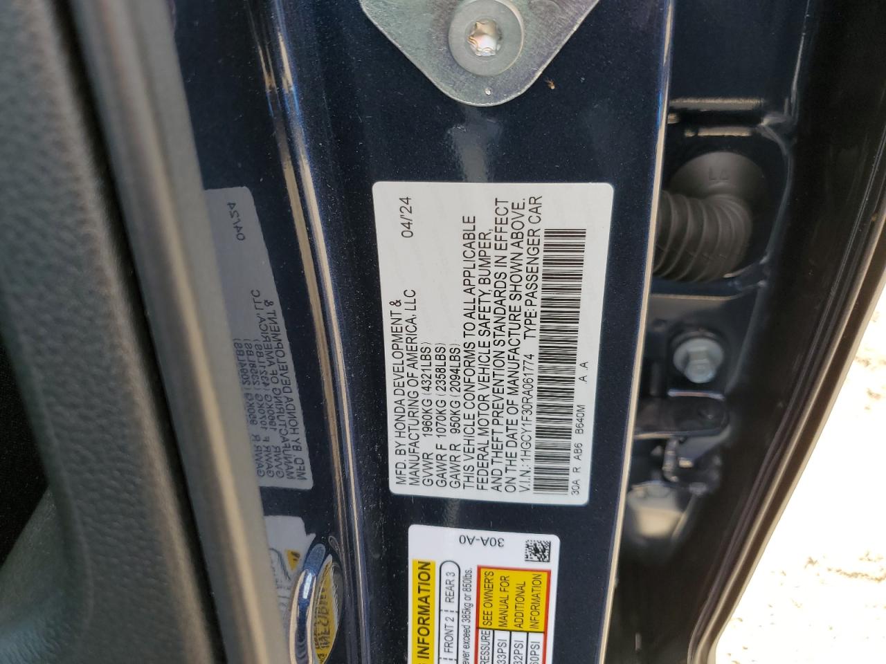 2024 HONDA ACCORD EX VIN:1HGCY1F30RA061774