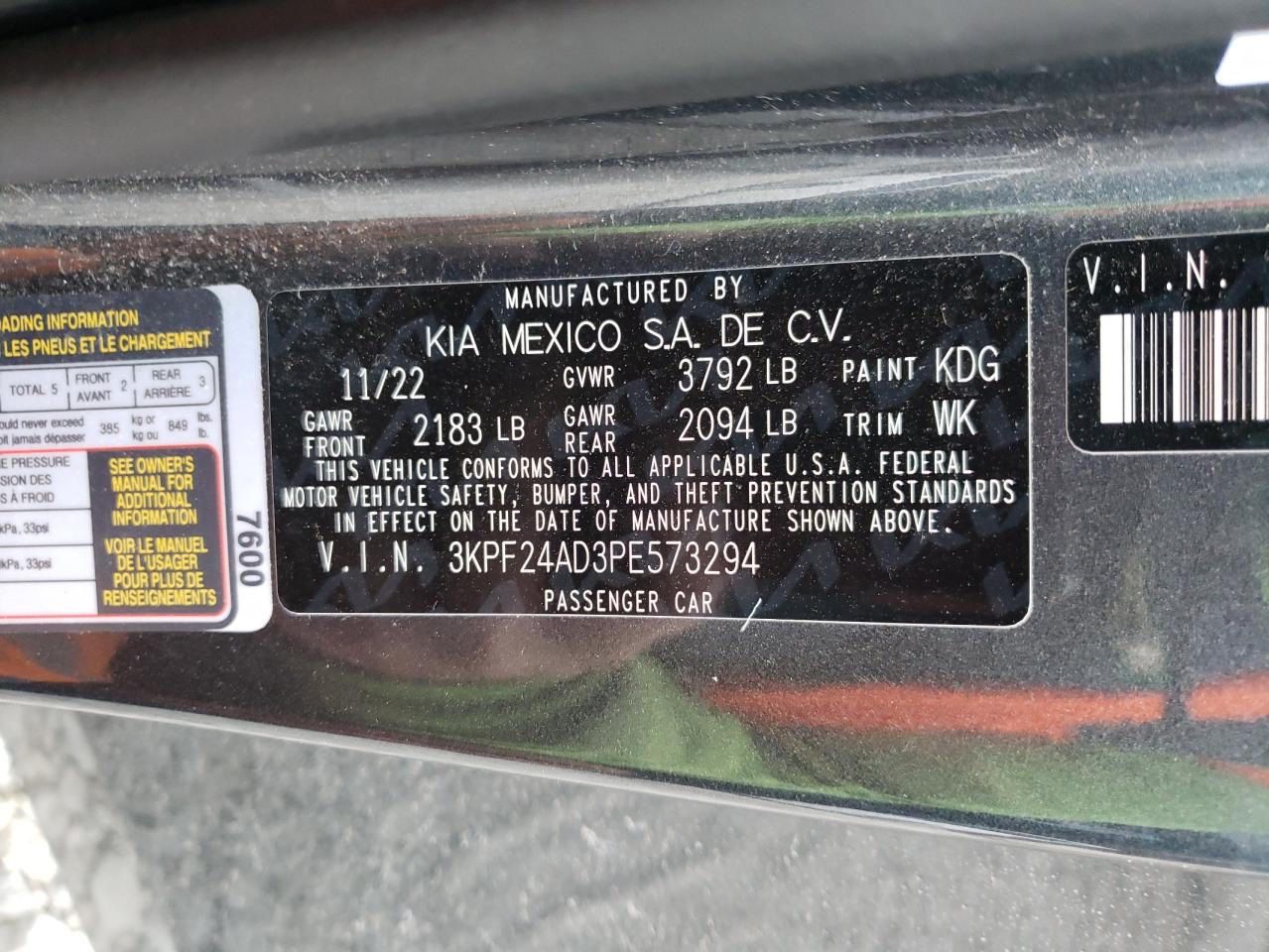 2023 KIA FORTE LX VIN:3KPF24AD3PE573294