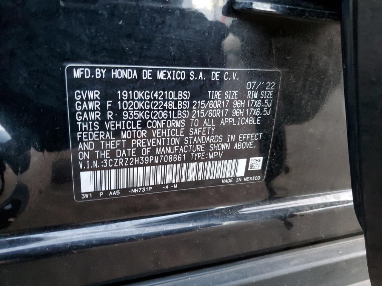 2023 HONDA HR-V LX VIN:3CZRZ2H39PM708661