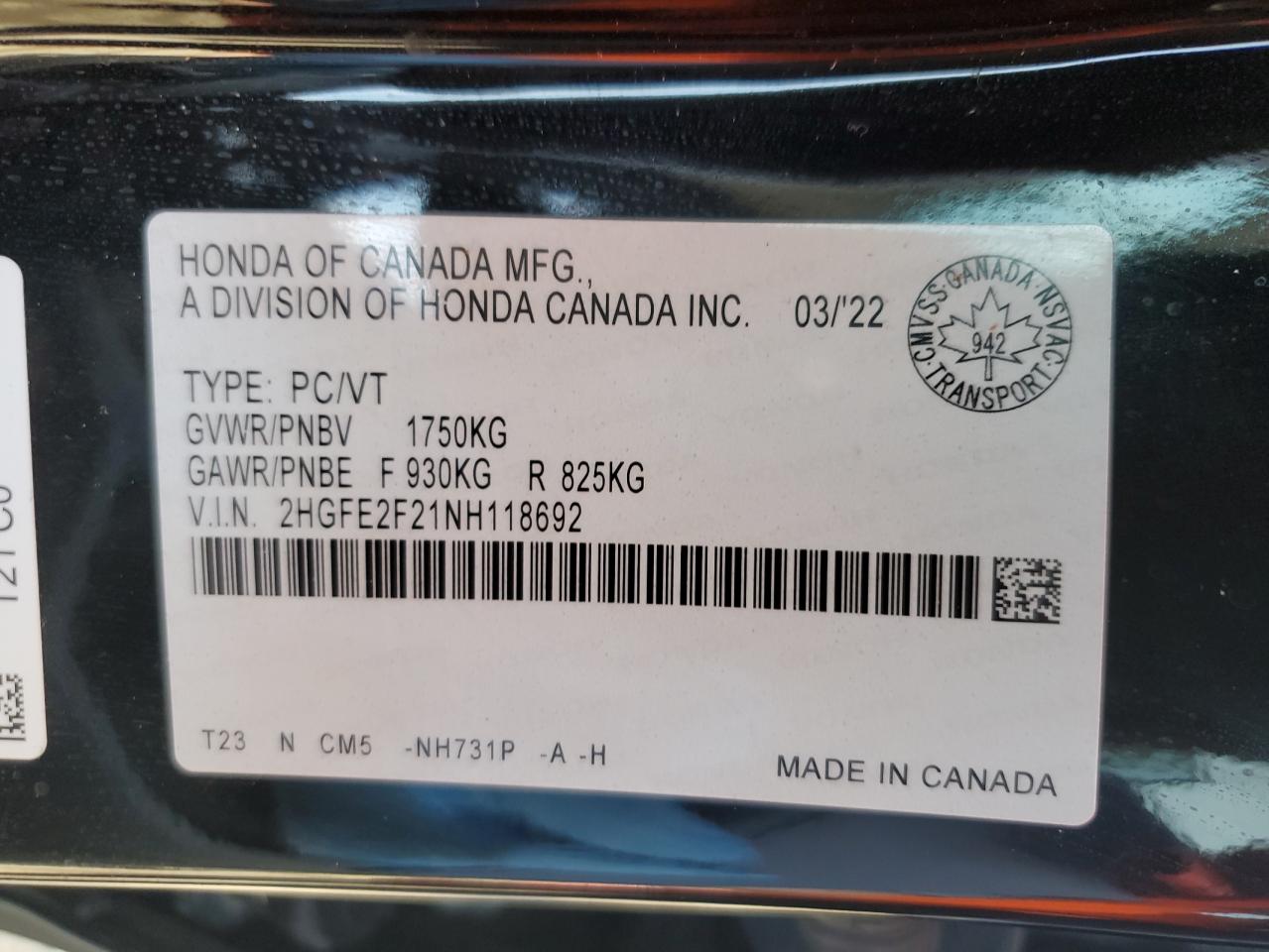 2022 HONDA CIVIC LX VIN:2HGFE2F21NH118692
