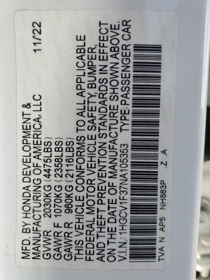 2022 HONDA ACCORD SPORT VIN:1HGCV1F37NA105353