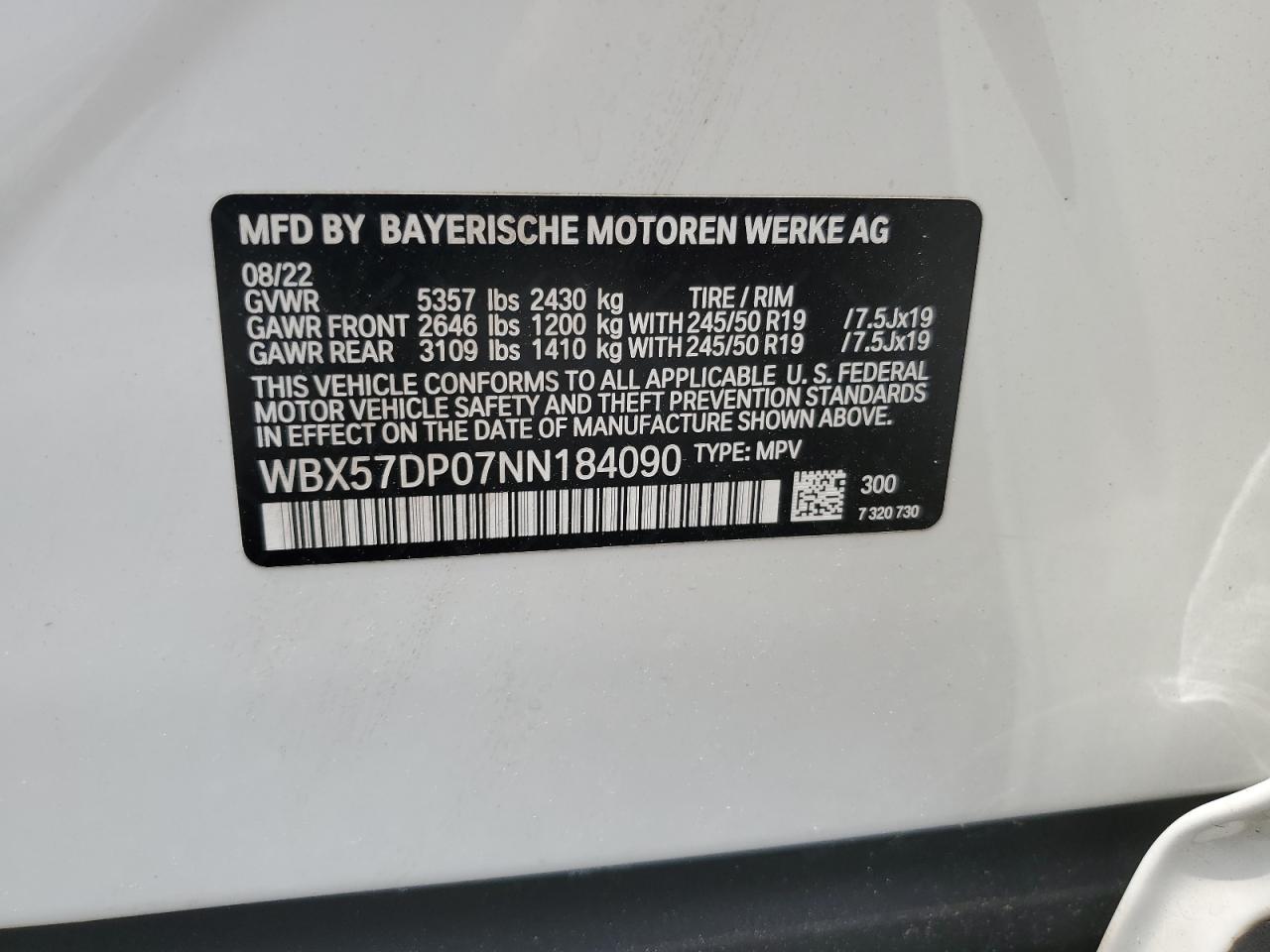 2022 BMW X3 XDRIVE30I VIN:WBX57DP07NN184090