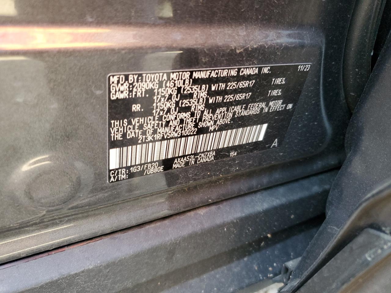 2024 TOYOTA RAV4 LE VIN:2T3K1RFV5RW310022