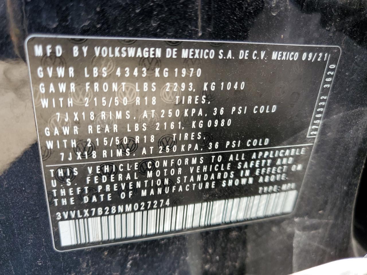 2022 VOLKSWAGEN TAOS SE IQ DRIVE VIN:3VVLX7B28NM027274